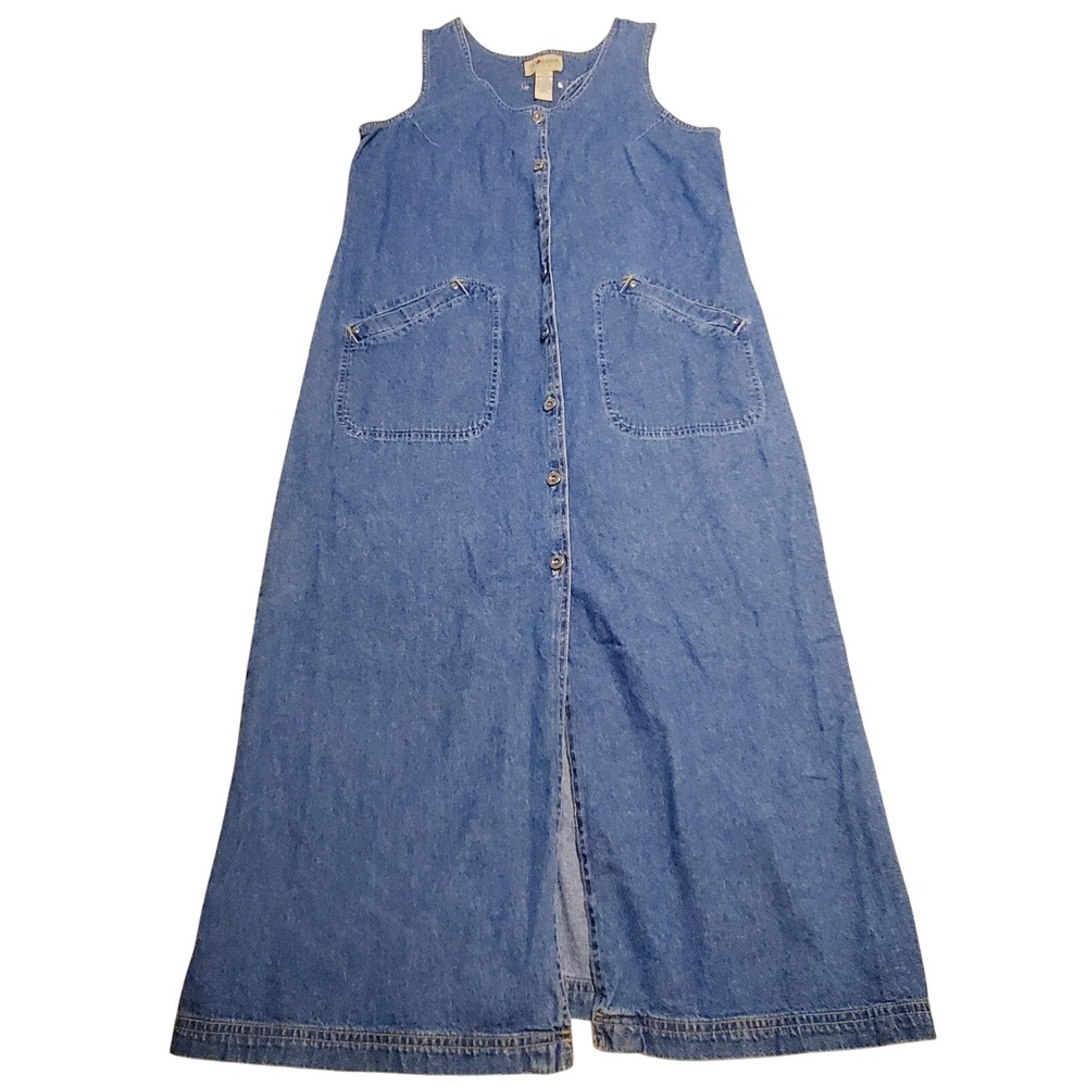 Sag Harbor Blue Denim‎ Maxi Button Up Sleeveless Tank Dress Split Pocket SZ:M